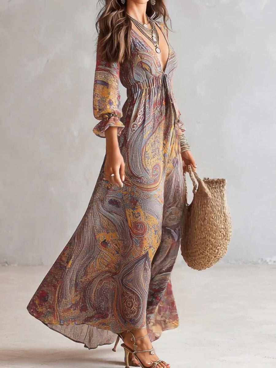 Robe Maxi in Mussola Arricciata con Collo a V e Stampa Paisley