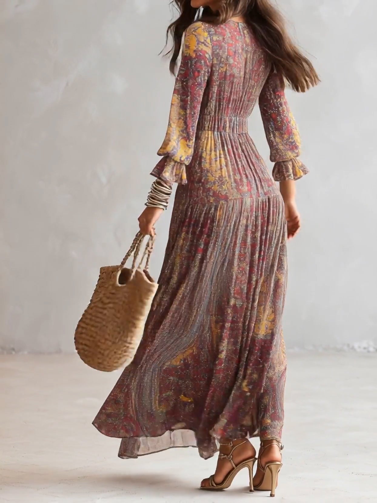 Robe Maxi in Mussola Arricciata con Collo a V e Stampa Paisley