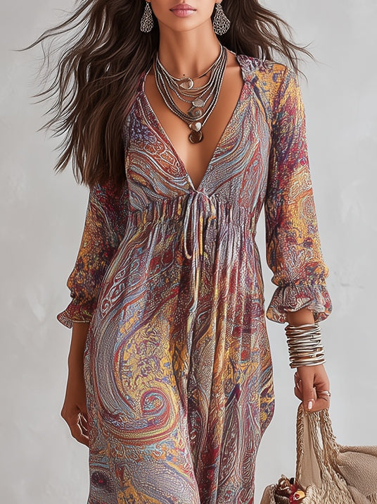Robe Maxi in Mussola Arricciata con Collo a V e Stampa Paisley