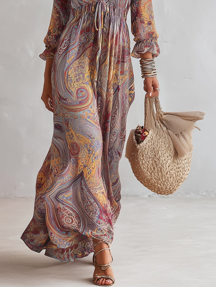Robe Maxi in Mussola Arricciata con Collo a V e Stampa Paisley