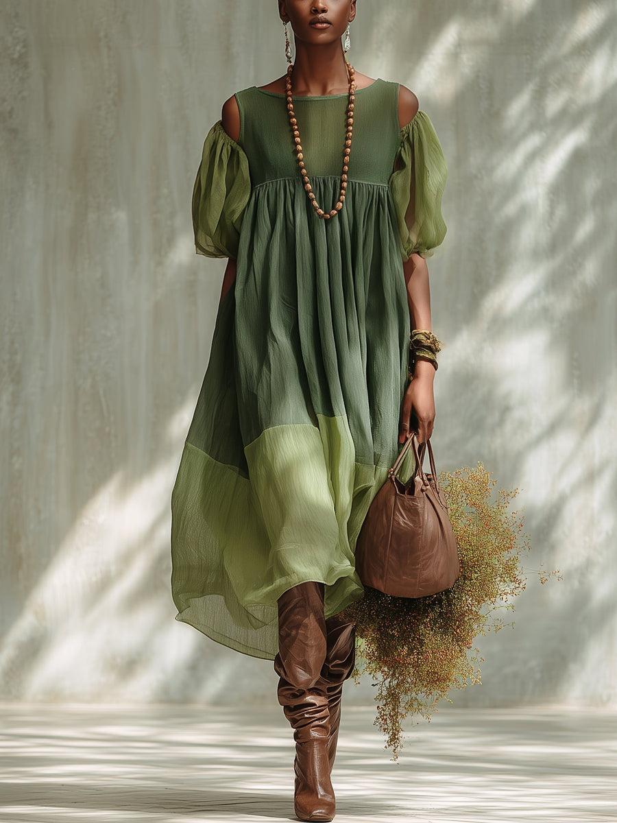 Robe Midi in Mousseline Verde Spalle Scoperte a Maniche Corte