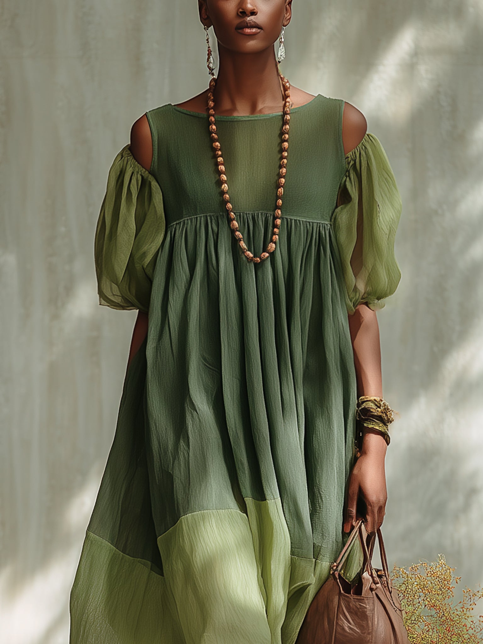 Robe Midi in Mousseline Verde Spalle Scoperte a Maniche Corte