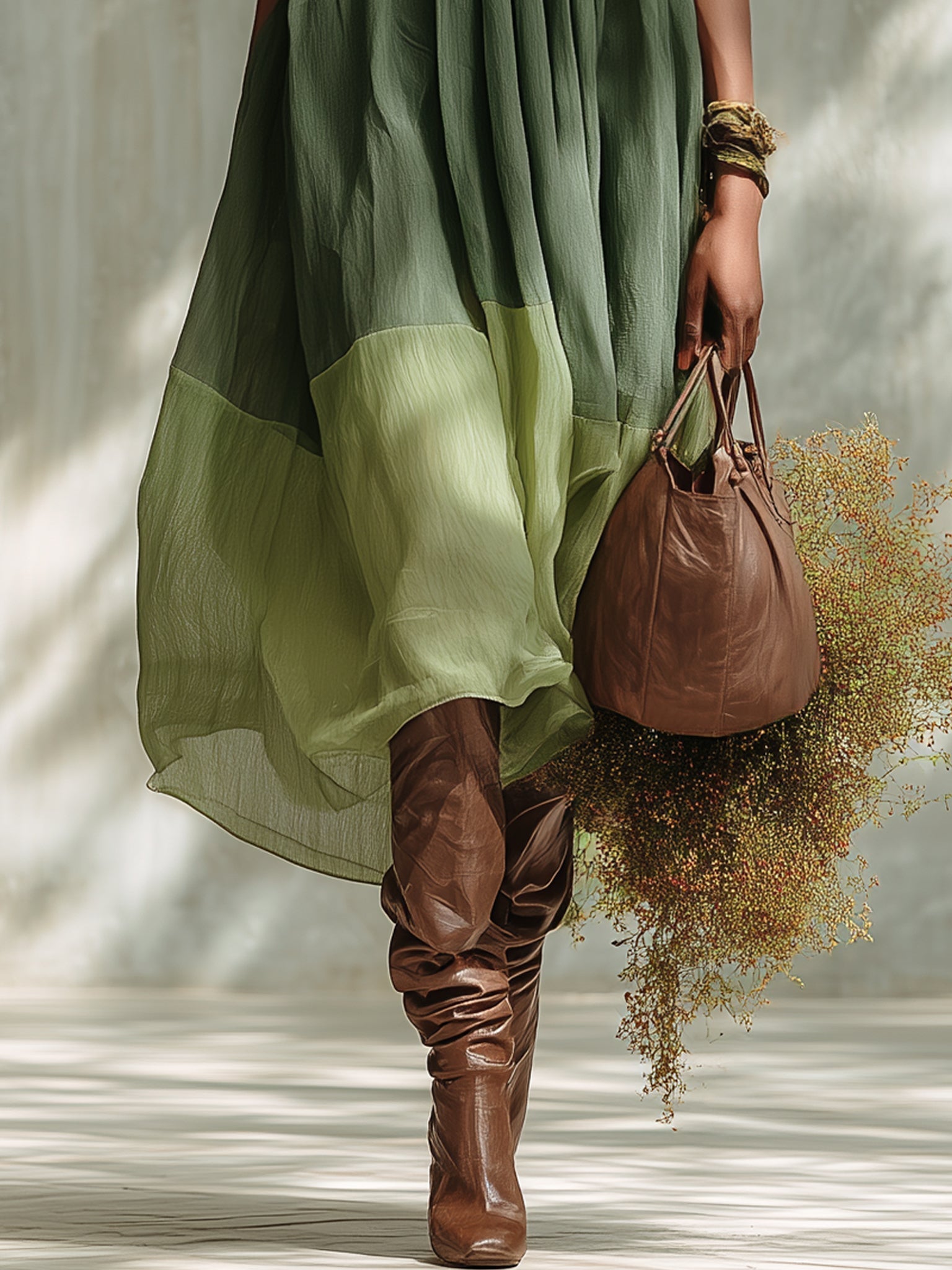 Robe Midi in Mousseline Verde Spalle Scoperte a Maniche Corte