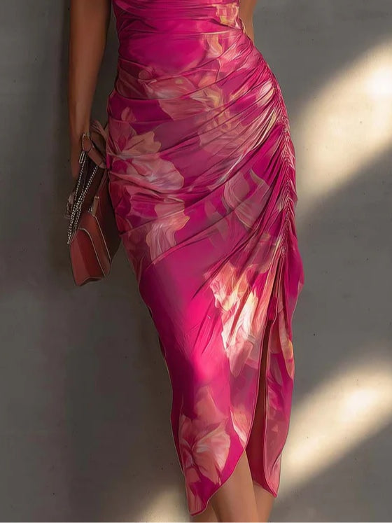 Abito Bodycon Fucsia con Stampa Floreale Senza Maniche Arricciato con Fessura Laterale