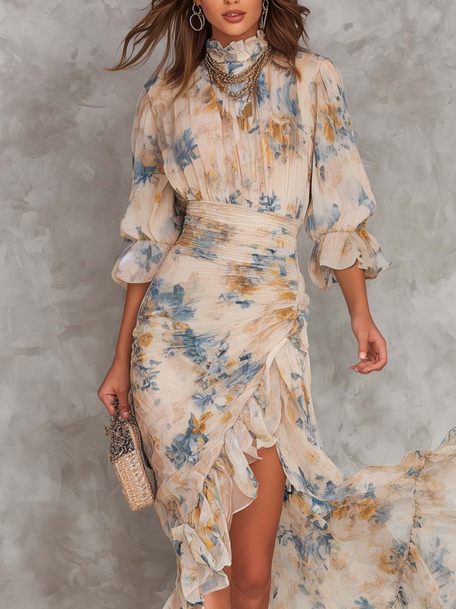 Abito Maxi in Mousseline Beige con Collo Alto e Stampa Floreale Pittura a Olio Taglio Irregolare