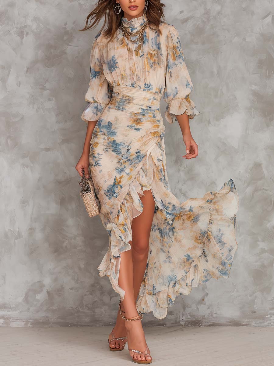 Abito Maxi in Mousseline Beige con Collo Alto e Stampa Floreale Pittura a Olio Taglio Irregolare