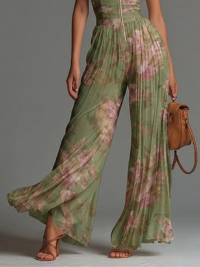 Combinazione Verde in Mousseline Floreale con Collo a V Senza Maniche Plissettata a Gambe Larghe con Chiusura Lampo