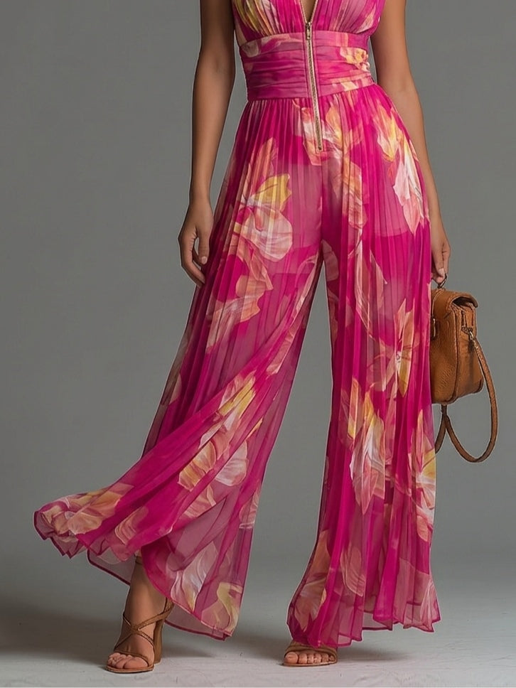 Combinazione Fucsia in Mousseline con Stampa Floreale Senza Maniche Pieghettata a Gambe Larghe con Chiusura Lampo