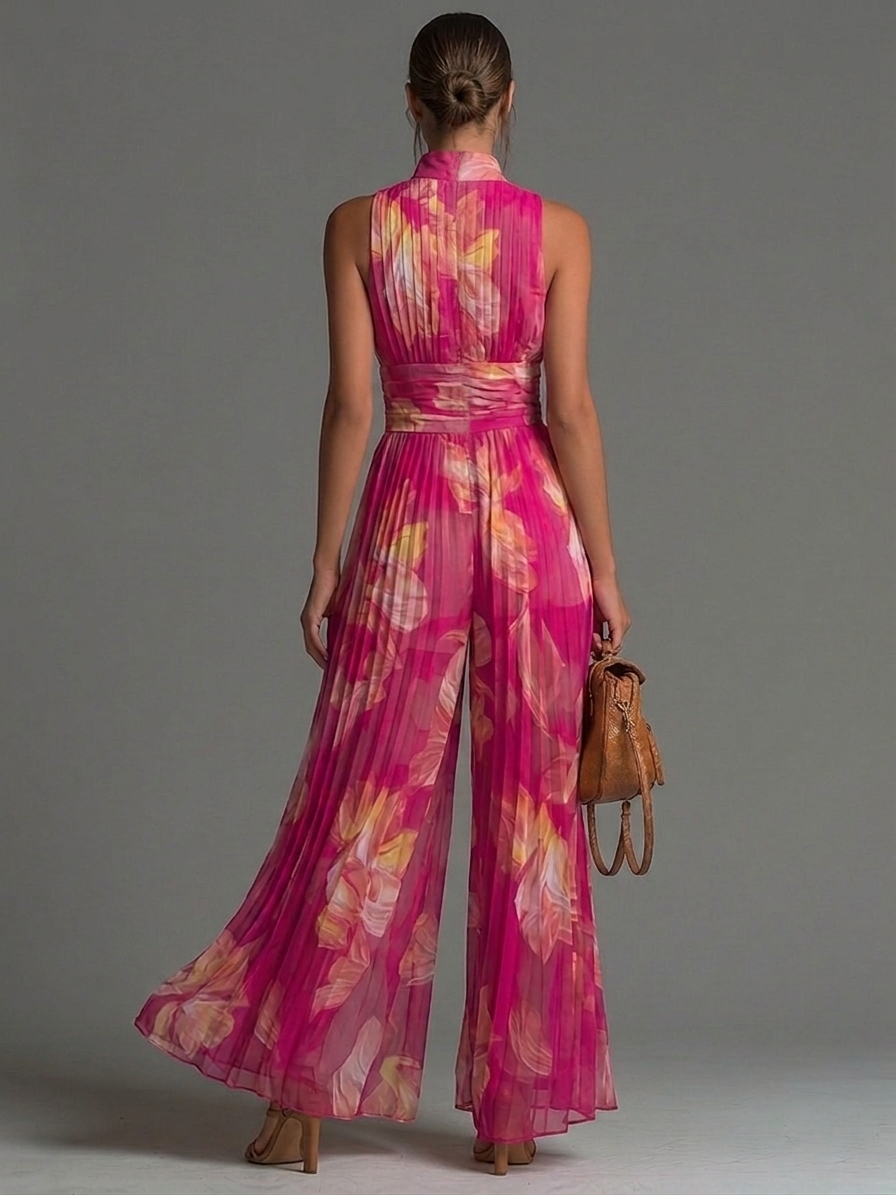 Combinazione Fucsia in Mousseline con Stampa Floreale Senza Maniche Pieghettata a Gambe Larghe con Chiusura Lampo