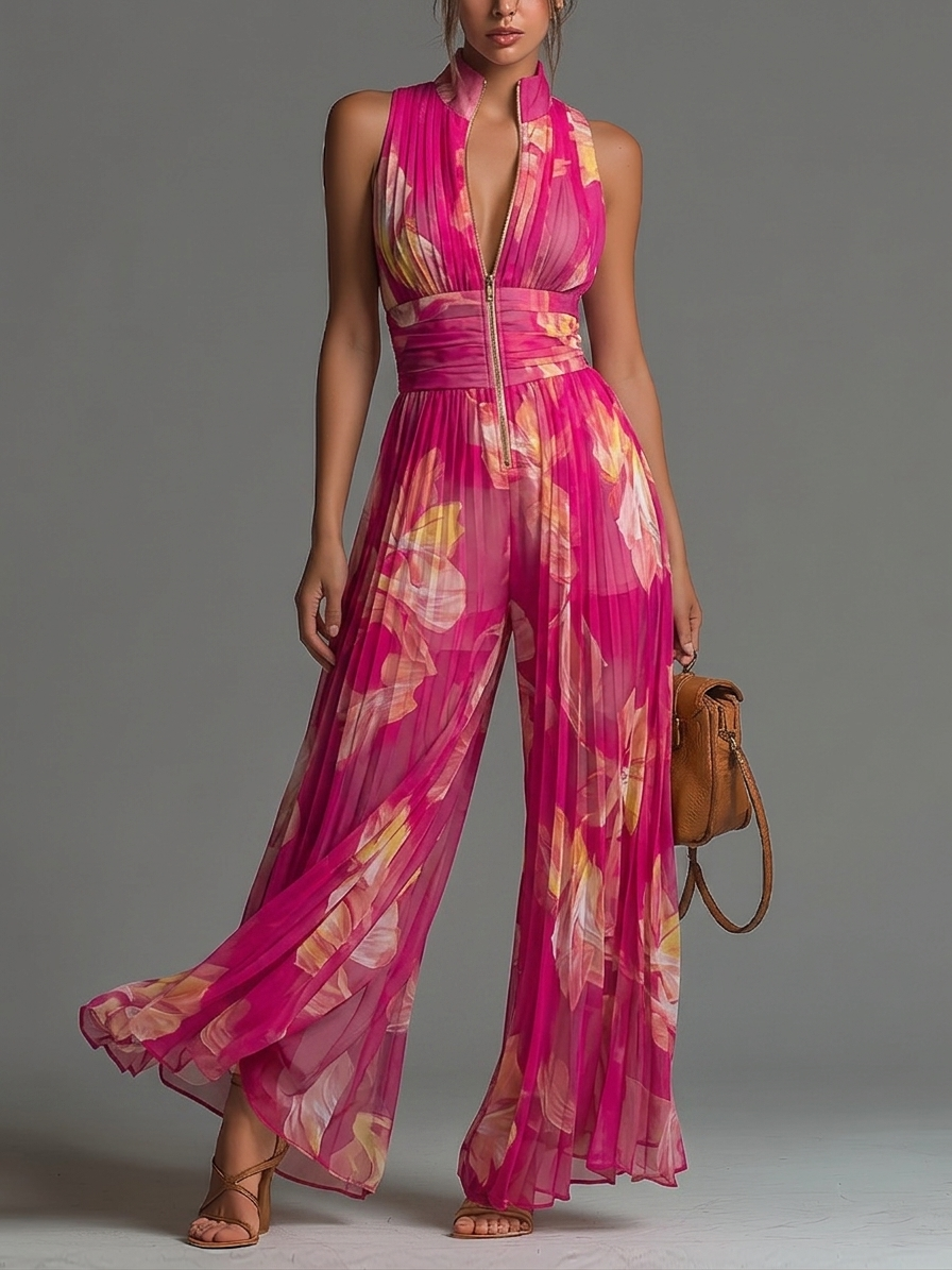 Combinazione Fucsia in Mousseline con Stampa Floreale Senza Maniche Pieghettata a Gambe Larghe con Chiusura Lampo
