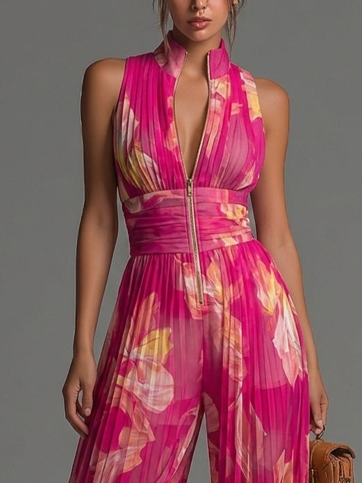 Combinazione Fucsia in Mousseline con Stampa Floreale Senza Maniche Pieghettata a Gambe Larghe con Chiusura Lampo