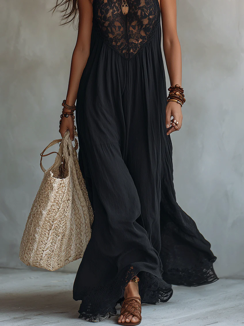 Robe Maxi Bohème Nera Senza Maniche con Bordo in Pizzo
