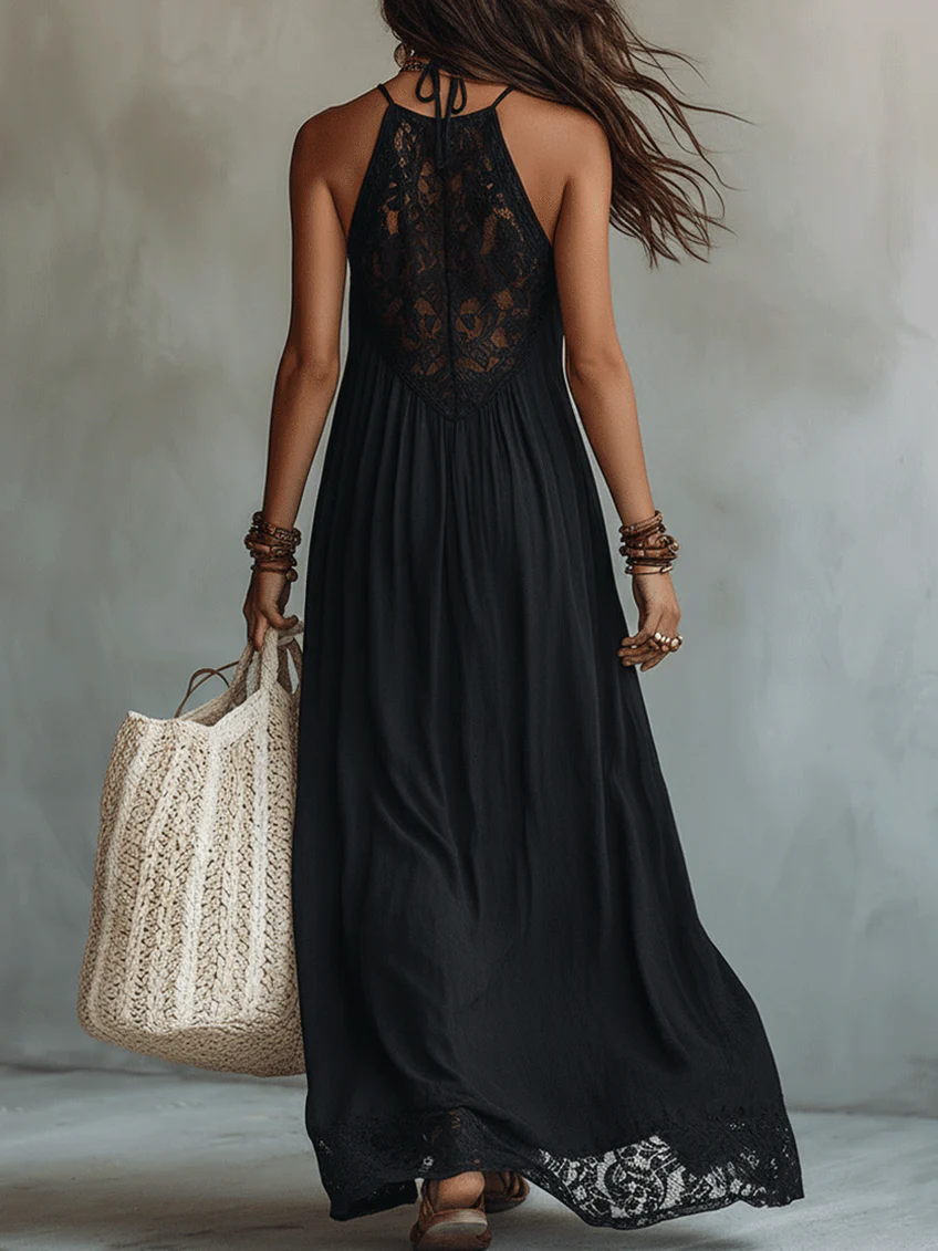 Robe Maxi Bohème Nera Senza Maniche con Bordo in Pizzo