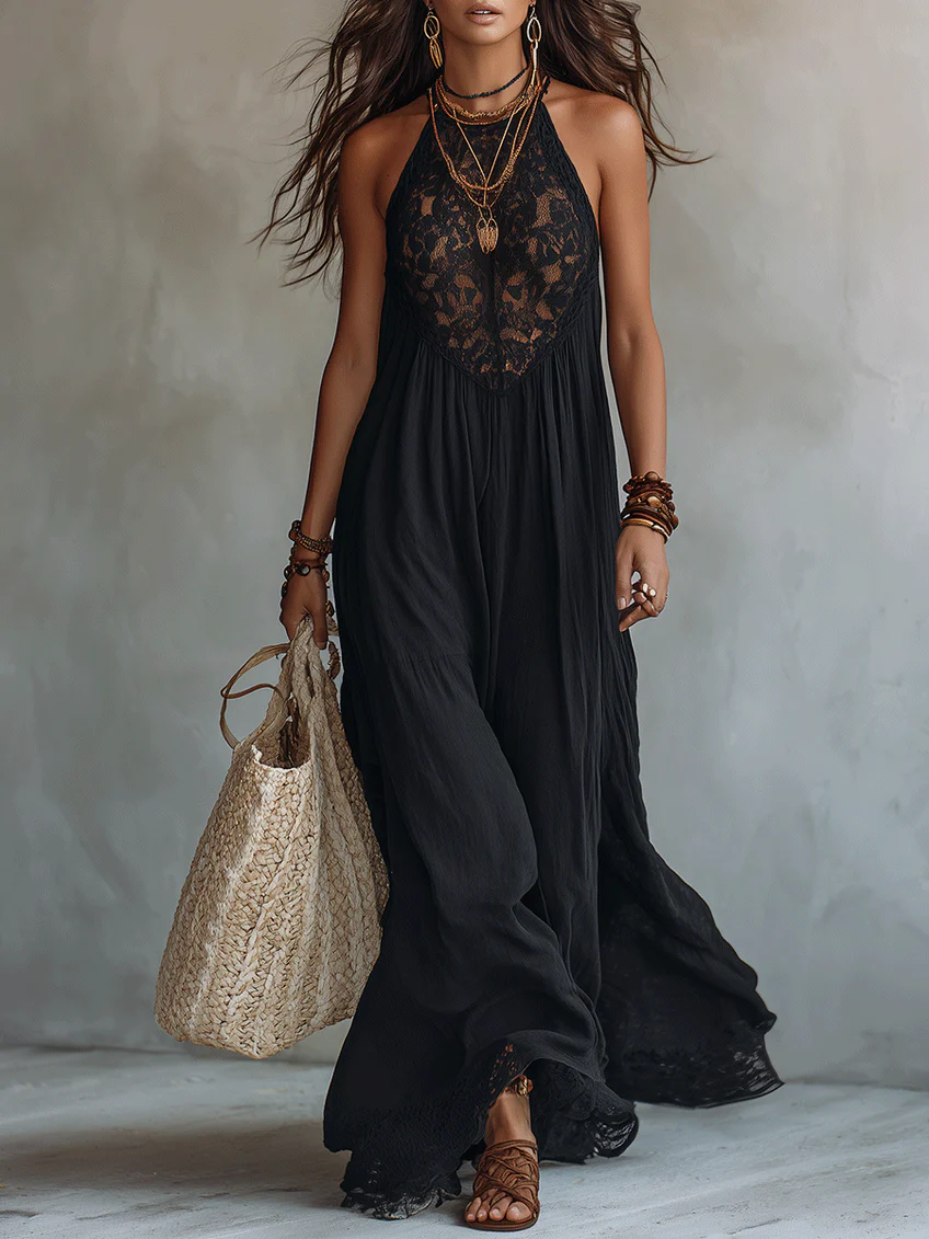 Robe Maxi Bohème Nera Senza Maniche con Bordo in Pizzo