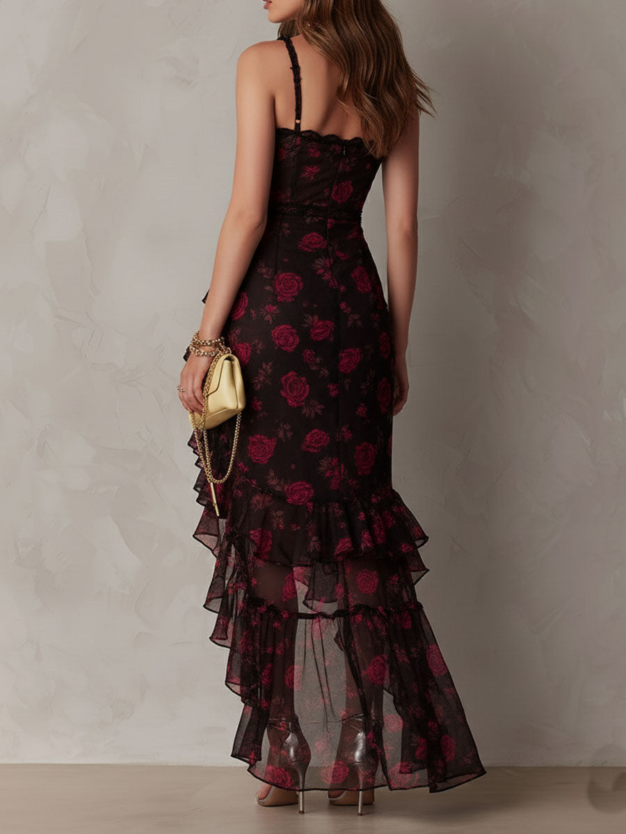 Robe Chic Nera e Rossa a Fiori Arricciata con Orlo Volante