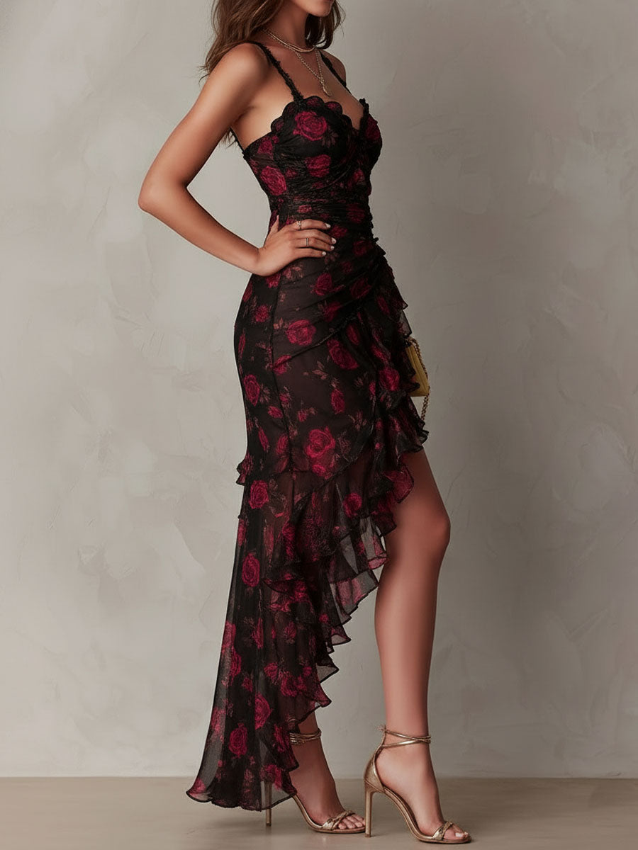 Robe Chic Nera e Rossa a Fiori Arricciata con Orlo Volante