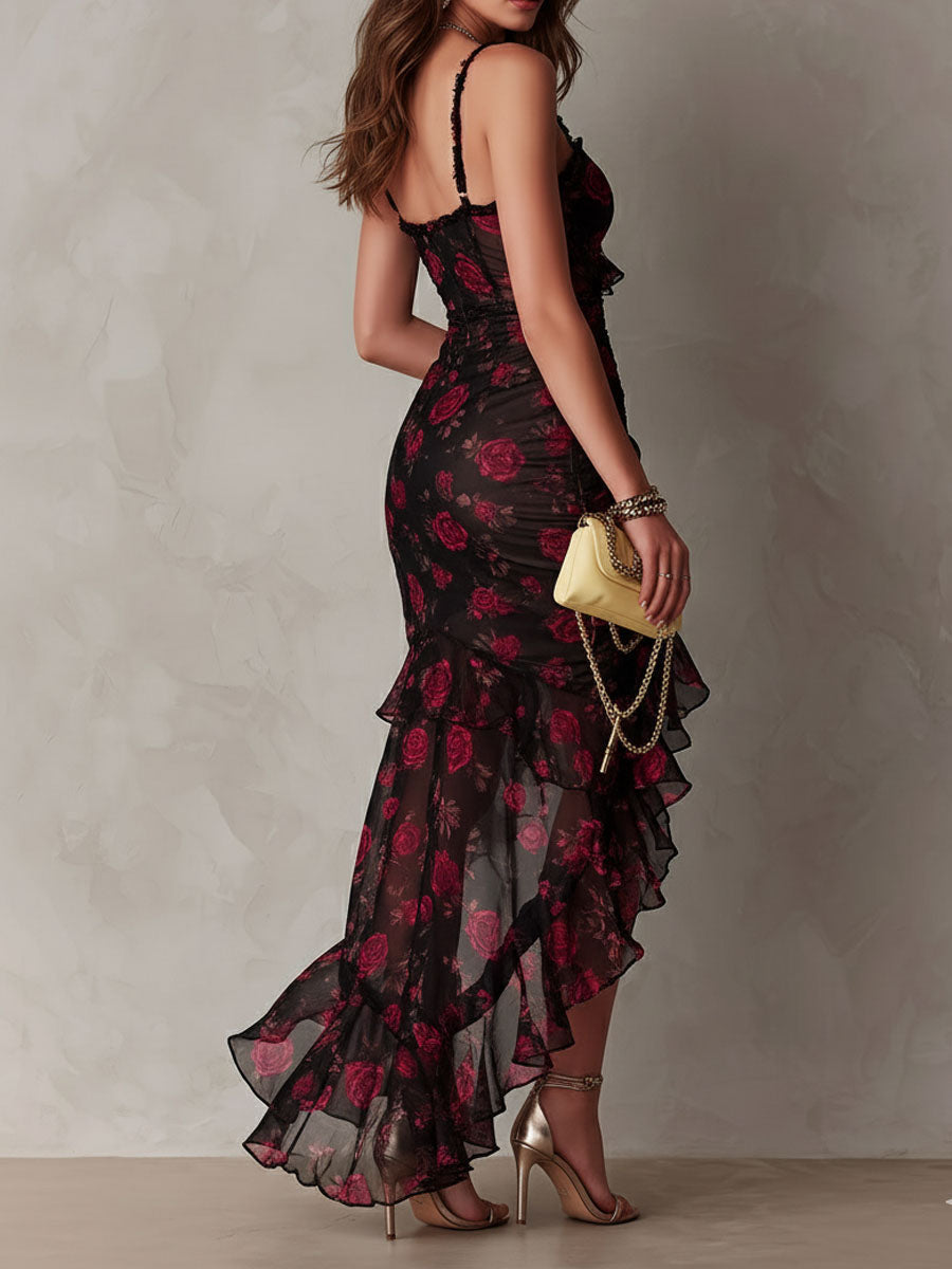 Robe Chic Nera e Rossa a Fiori Arricciata con Orlo Volante