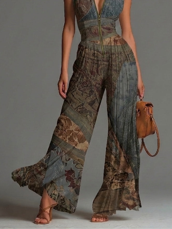 Combinazione Bohémien in Mousseline con Stampa Etnica Senza Maniche Pantaloni Ampi con Chiusura Lampo