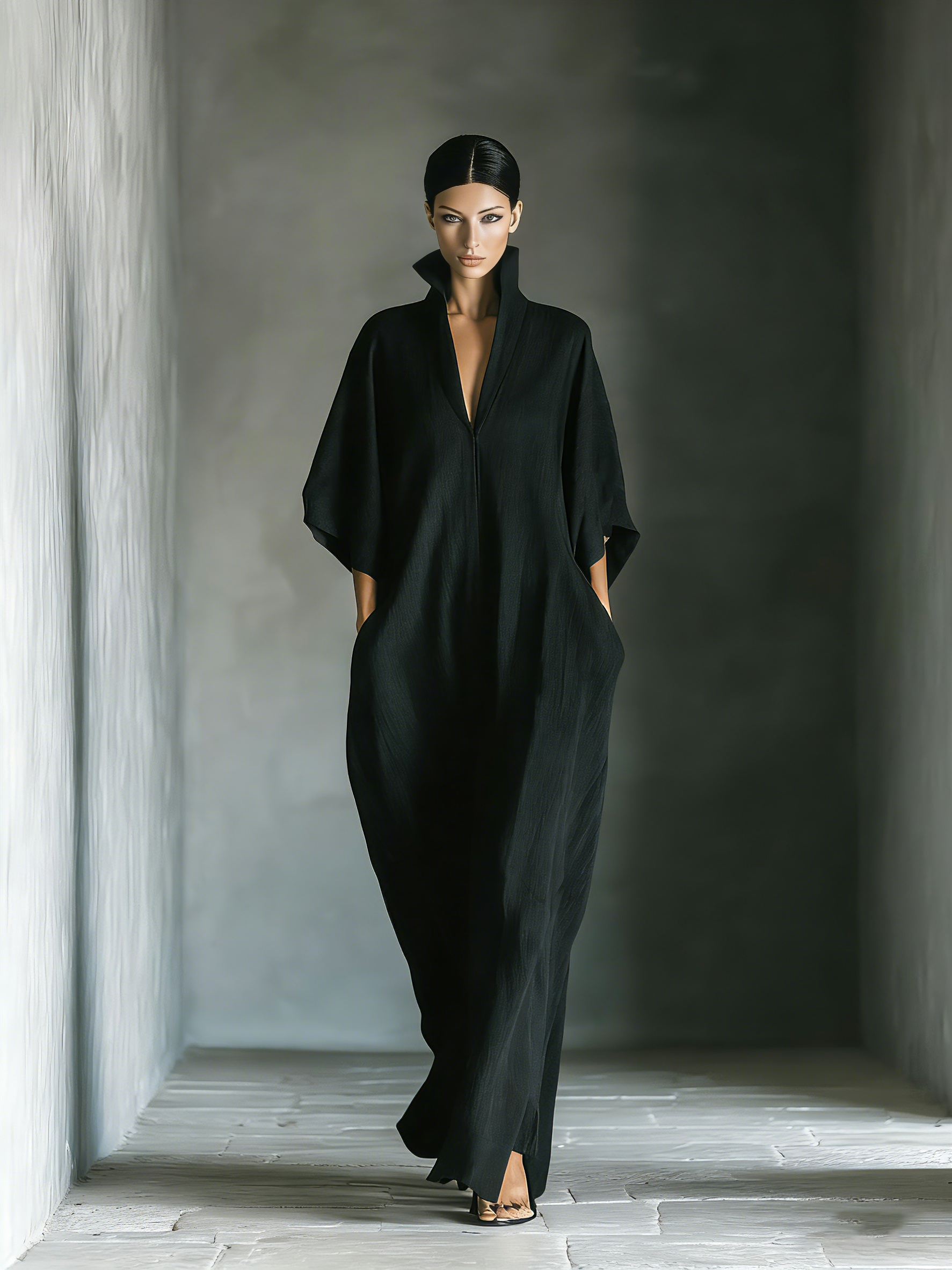 Costanza | Maxi abito nero con maniche a kimono e scollo a V
