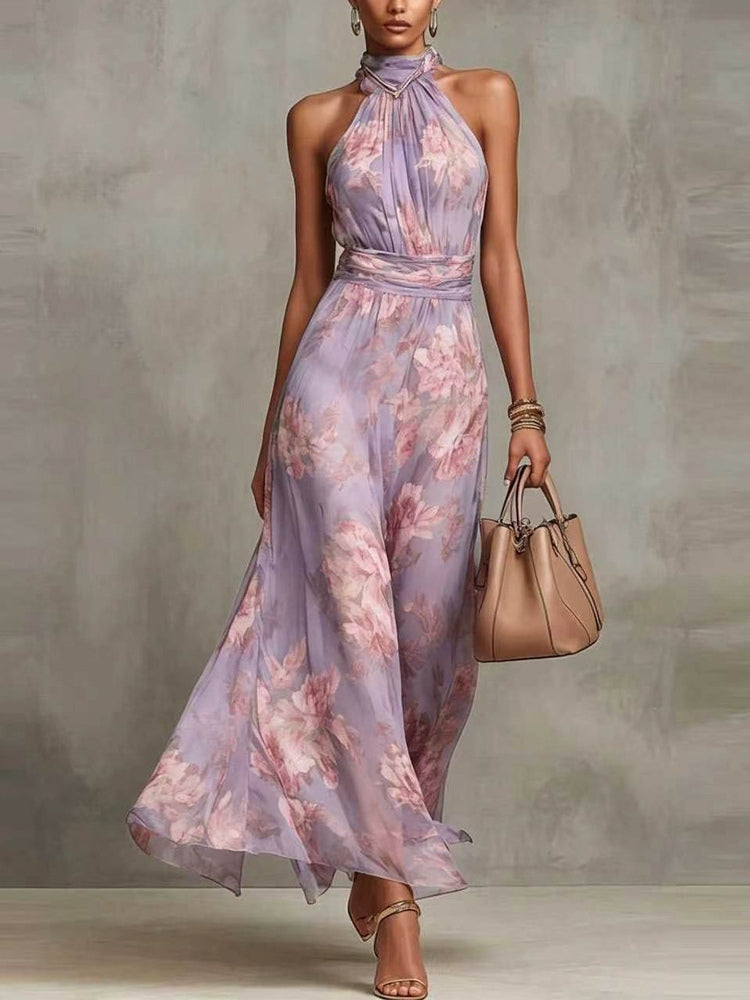 Abito Maxi Halter in Chiffon Verde a Fiori