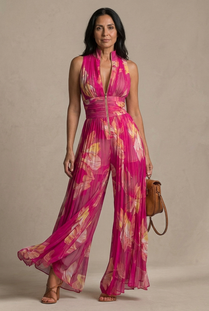 Nicole | Mono in chiffon plissettato con stampa floreale fucsia