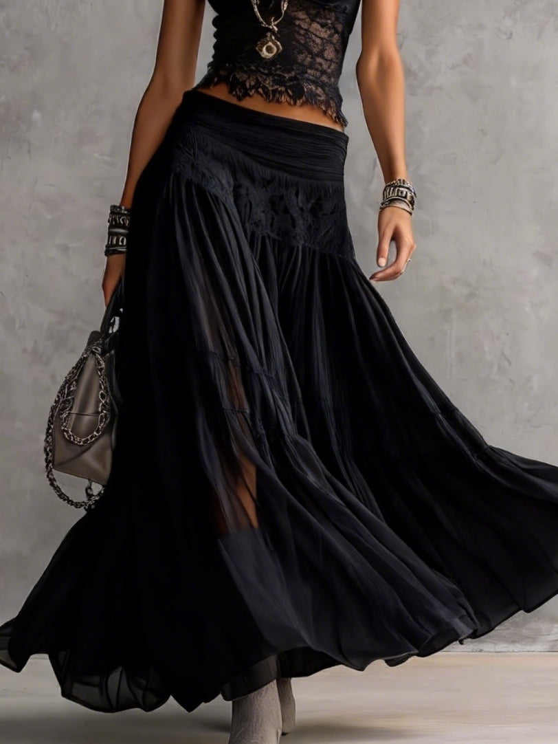 Completo Top Nero Trasparente in Pizzo e Gonna Lunga Plissettata.