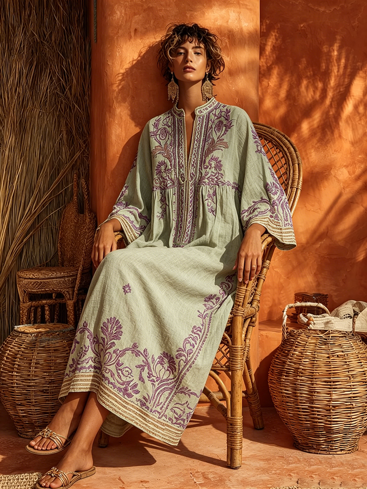 Celestina | Abito boho ricamato dal fascino mediterraneo guiallo